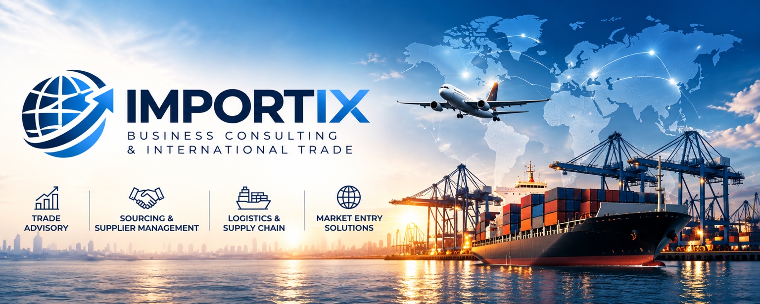 Importix international trade illustration featuring a world map and container port